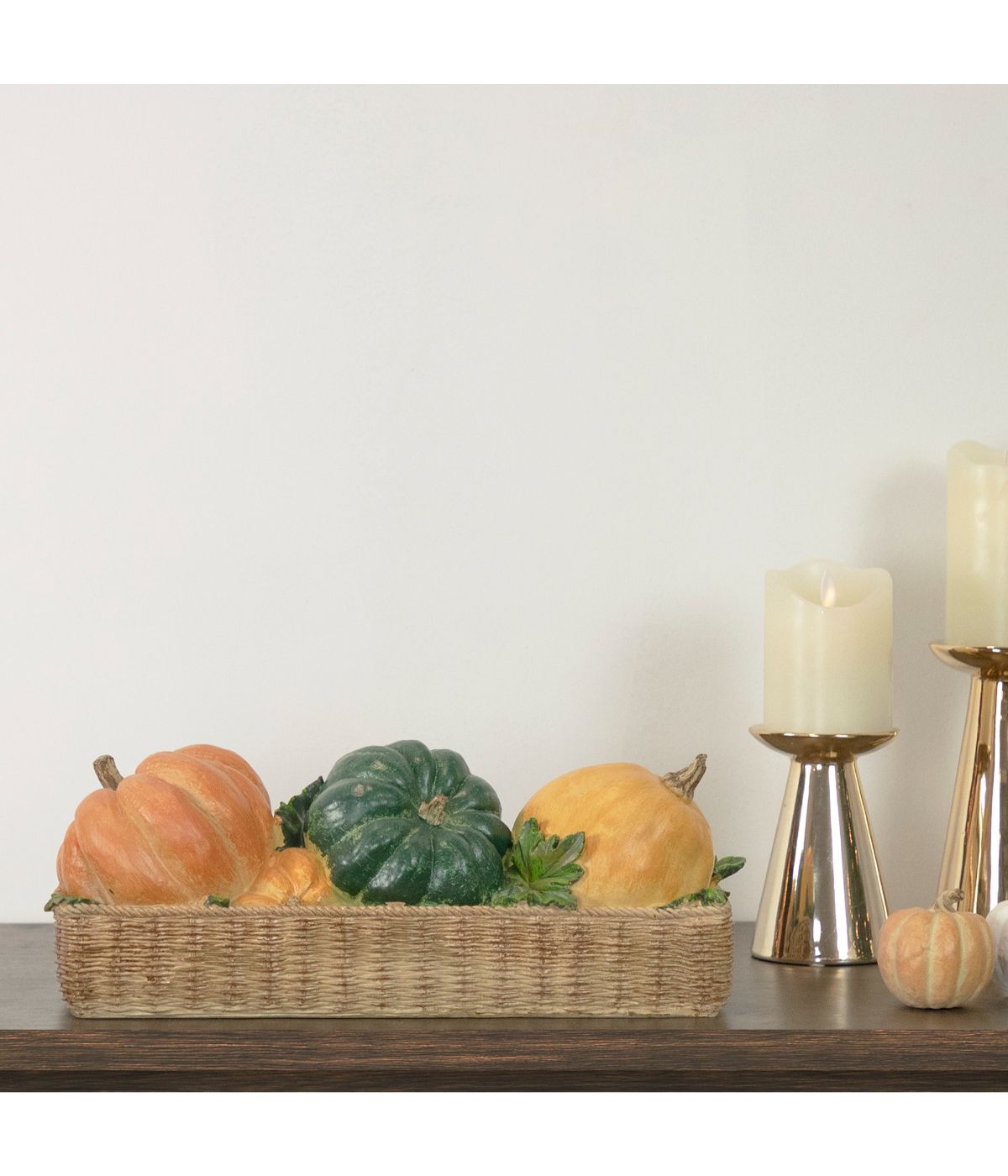  Faux Rattan Basket with Pumpkins Thanksgiving Table Top Decoration Orange - Orange - Bonton