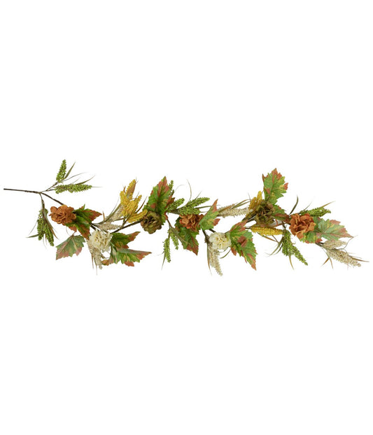 Flowers with Wheat Artificial Fall Harvest Garland Unlit Green