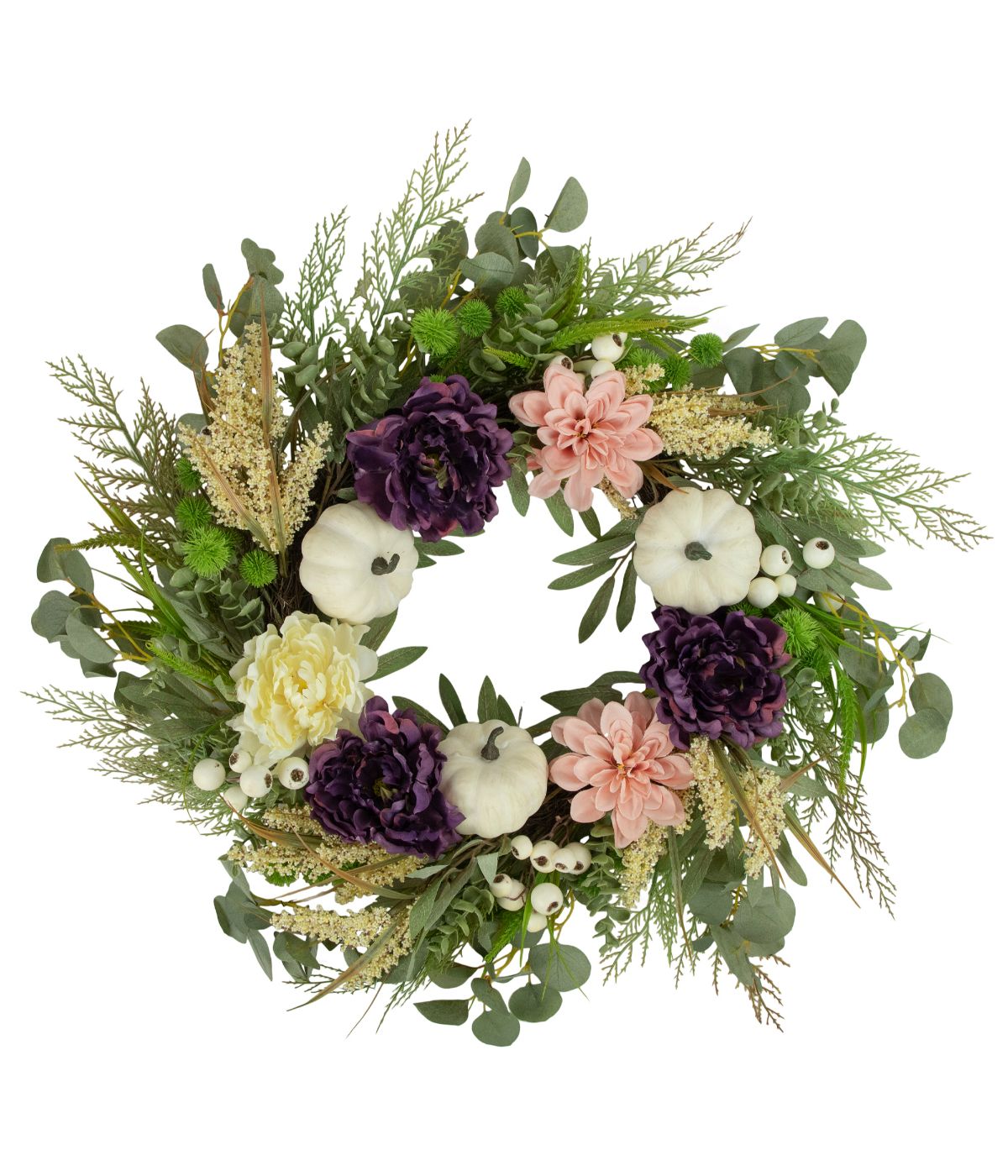  Peony and Pumpkin Artificial Fall Harvest Wreath White - White - Bonton