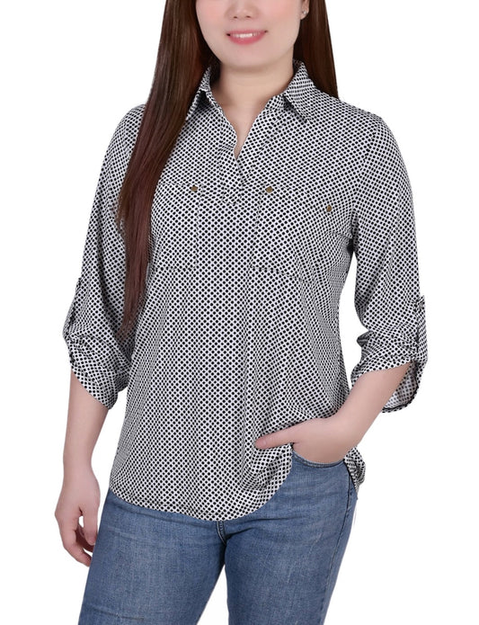 Petite 3/4 Roll Tab Sleeve Studded Y Neck Top