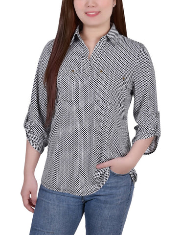Petite 3/4 Roll Tab Sleeve Studded Y Neck Top