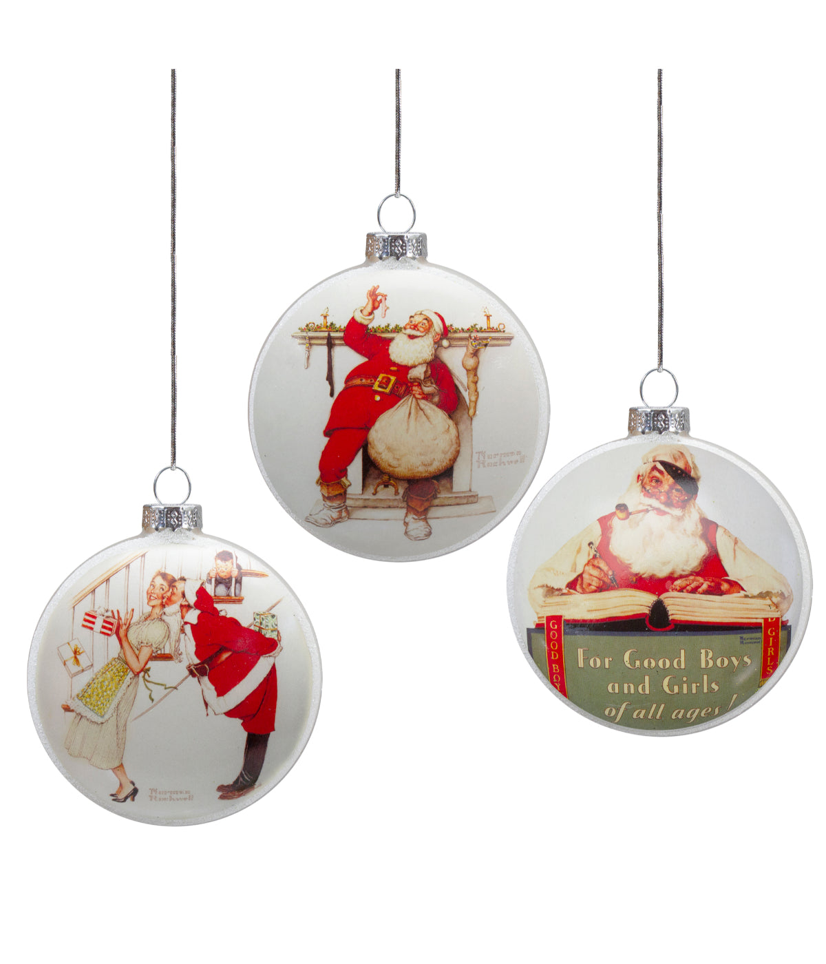  NorthLight Glass Norman Rockwell Christmas Disc Ornament Set of 3 - White - Bonton