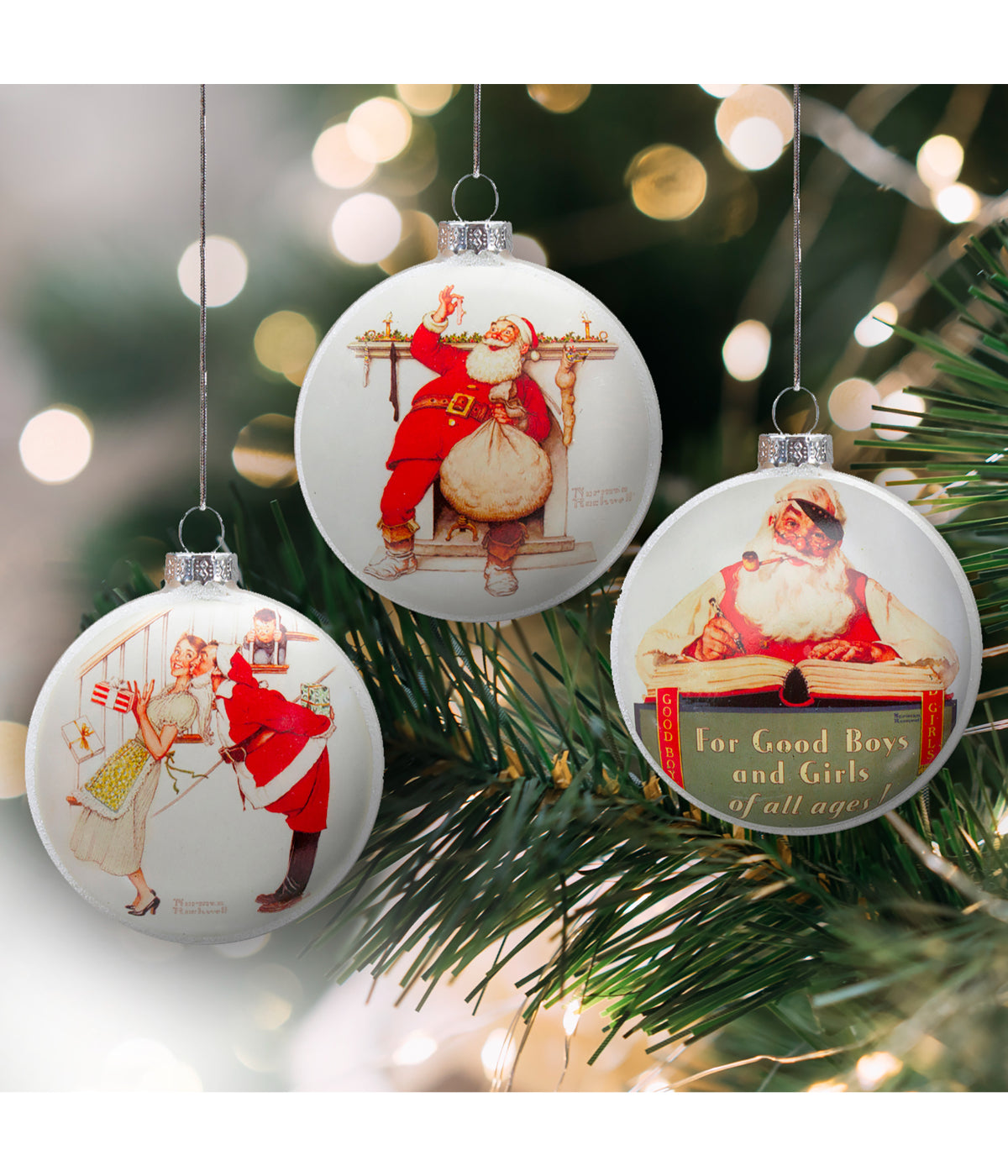  NorthLight Glass Norman Rockwell Christmas Disc Ornament Set of 3 - White - Bonton