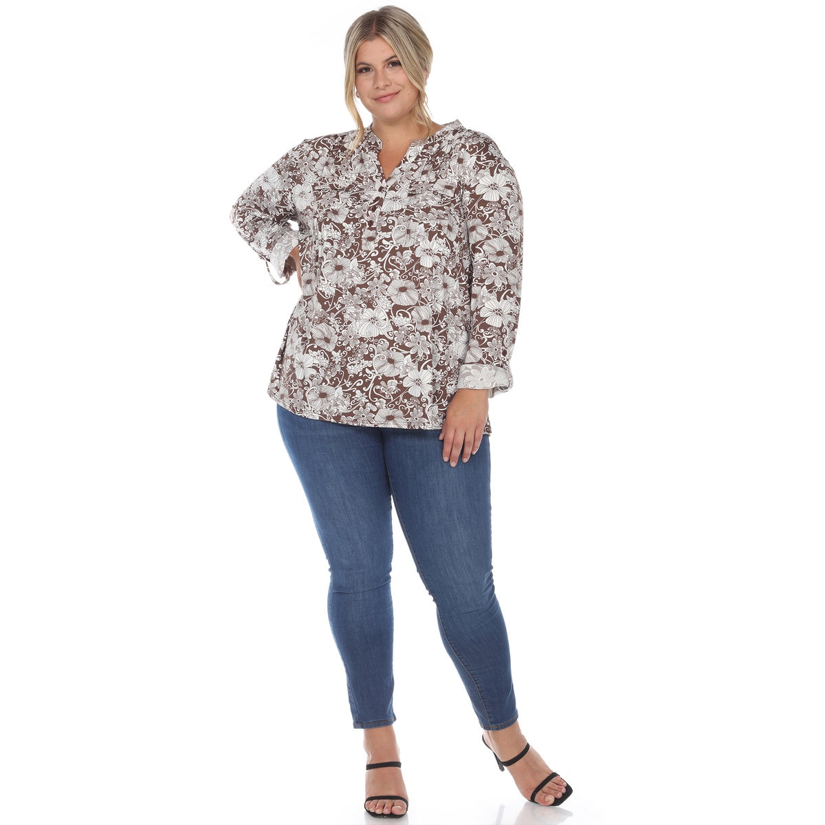  White Mark Plus Size Pleated Long Sleeve Floral Print Blouse - 1X - Bonton