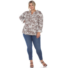 Plus Size Pleated Long Sleeve Floral Print Blouse