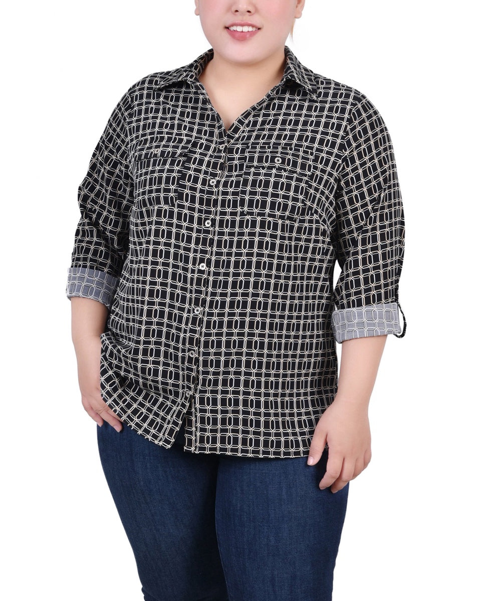  NY Collection Plus Size 3/4 Sleeve Roll Tab Notch Collar Blouse - Black And Doeskin Floral Iconi - Bonton