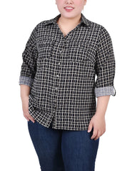 Plus Size 3/4 Sleeve Roll Tab Notch Collar Blouse