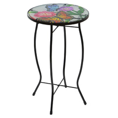 19" Floral and Butterfly Glass Patio Side Table