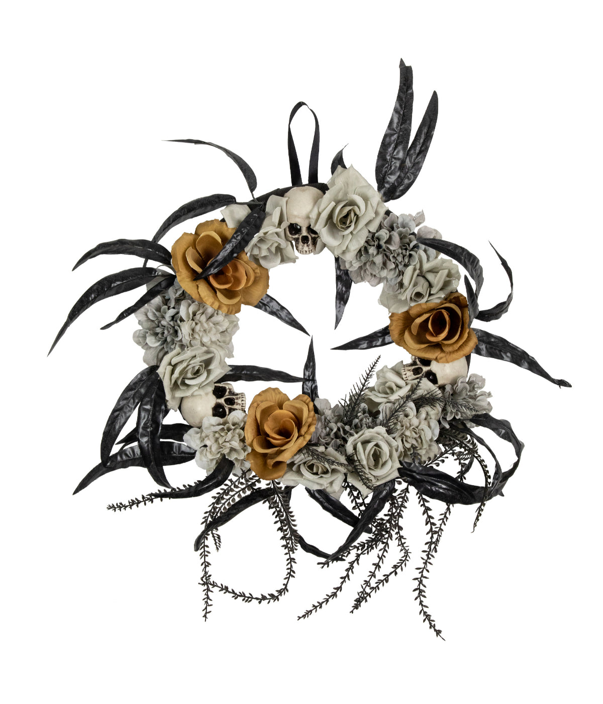  Skulls with Orange and Gray Roses Halloween Wreath 14-Inch Unlit - Gray - Bonton