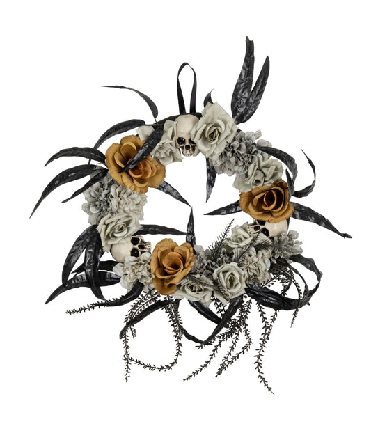 Skulls with Orange and Gray Roses Halloween Wreath 14-Inch Unlit