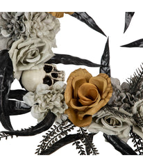 Skulls with Orange and Gray Roses Halloween Wreath 14-Inch Unlit