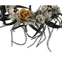 Skulls with Orange and Gray Roses Halloween Wreath 14-Inch Unlit