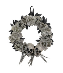 Double Skull and Gray Roses Halloween Wreath 16-Inch Unlit