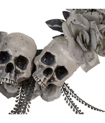 Double Skull and Gray Roses Halloween Wreath 16-Inch Unlit