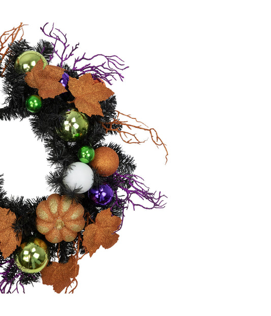 Jack-O-Lantern in Witches Hat Halloween Pine Wreath 24-Inch Unlit