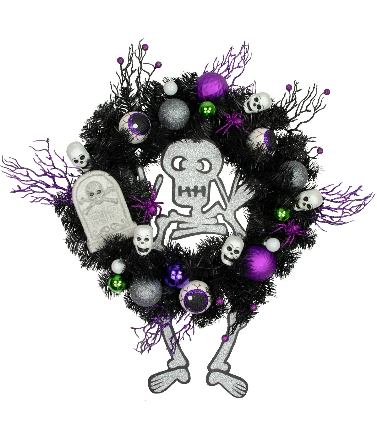  Purple and Black Spooky Skeleton Pine Halloween Wreath 24-Inch Unlit - Black - Bonton