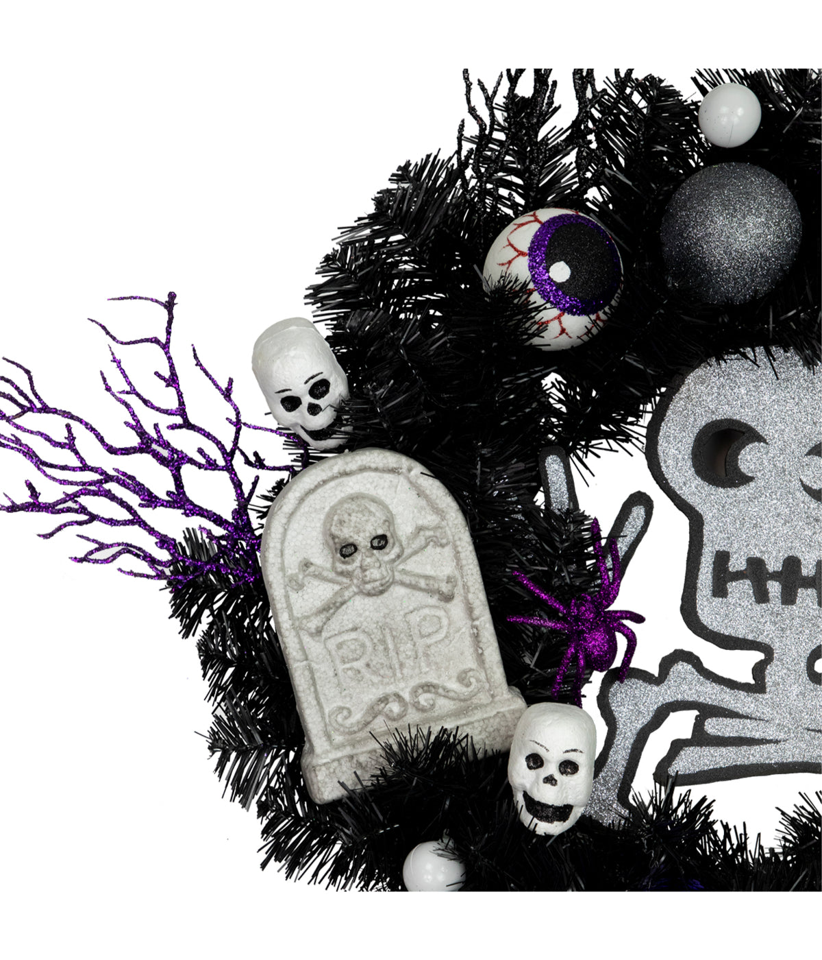  Purple and Black Spooky Skeleton Pine Halloween Wreath 24-Inch Unlit - Black - Bonton