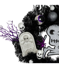 Purple and Black Spooky Skeleton Pine Halloween Wreath 24-Inch Unlit