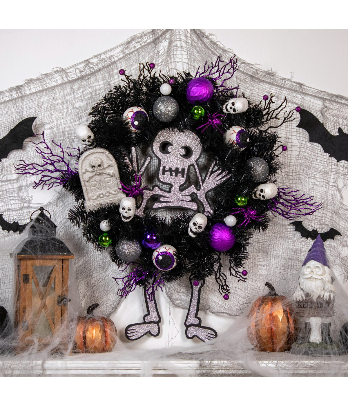  Purple and Black Spooky Skeleton Pine Halloween Wreath 24-Inch Unlit - Black - Bonton