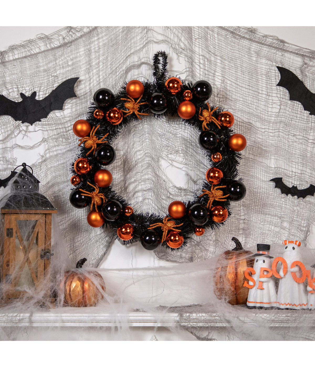  Orange Spiders and Ornaments Halloween Wreath 18-Inch Unlit - Black - Bonton