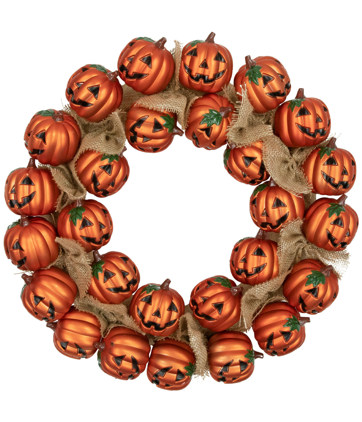  Jack-O-Lantern and Burlap Ribbon Halloween Wreath 20-Inch Unlit - Orange - Bonton