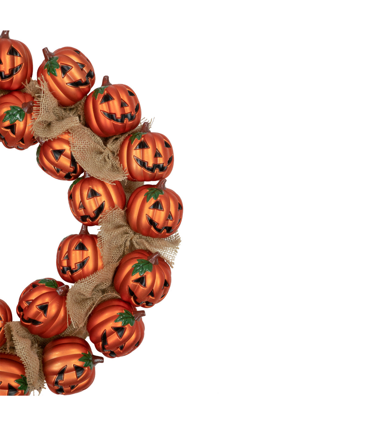  Jack-O-Lantern and Burlap Ribbon Halloween Wreath 20-Inch Unlit - Orange - Bonton