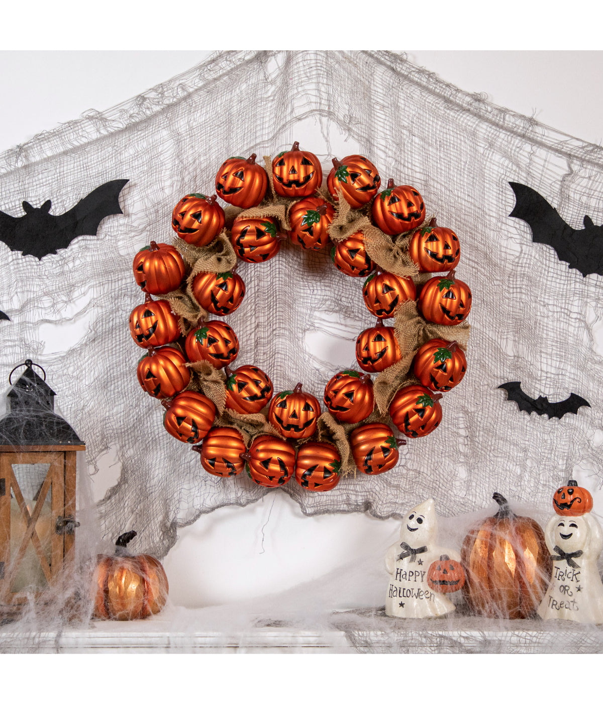  Jack-O-Lantern and Burlap Ribbon Halloween Wreath 20-Inch Unlit - Orange - Bonton