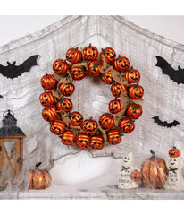 Jack-O-Lantern and Burlap Ribbon Halloween Wreath 20-Inch Unlit