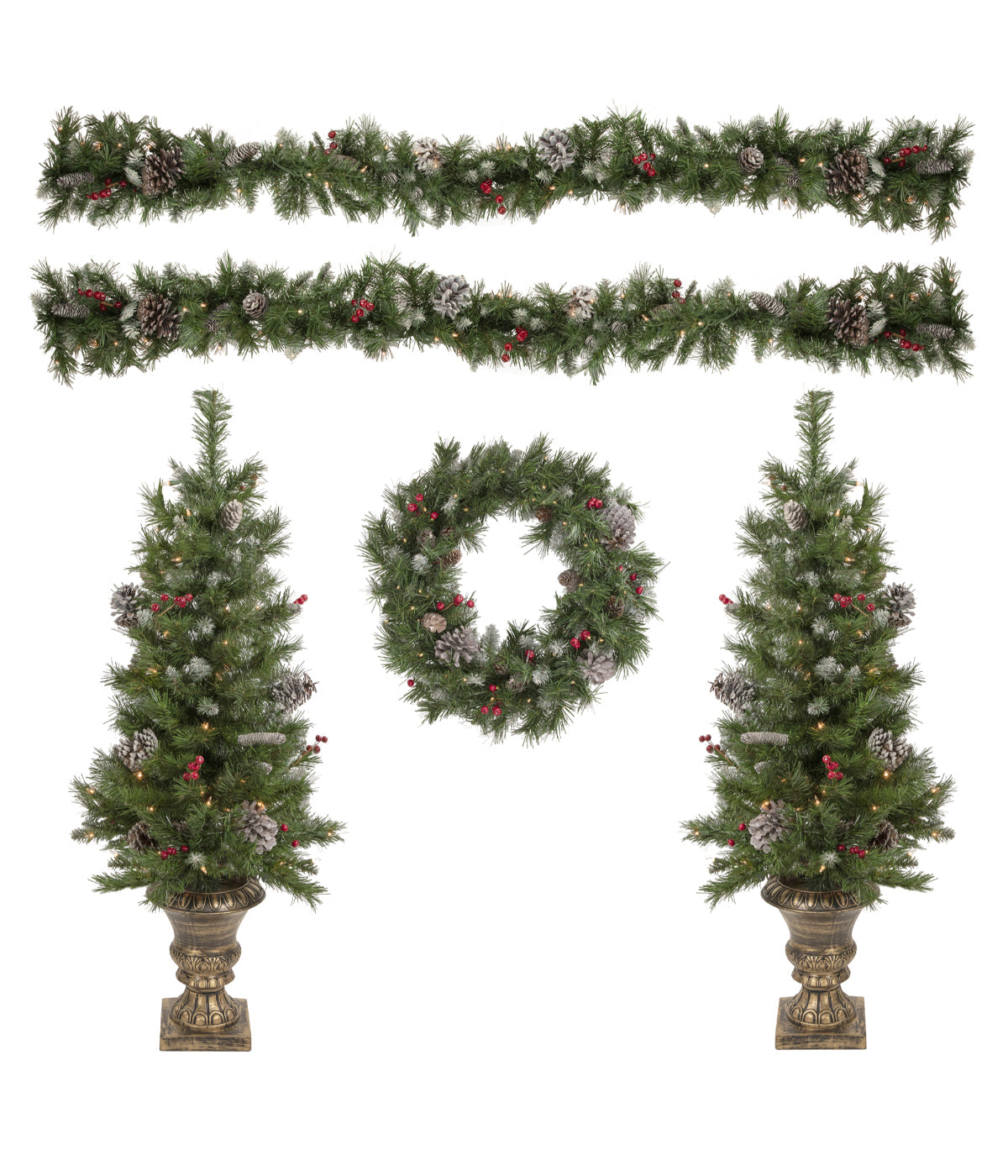  NorthLight Frosted Verona Berry Pine Artificial Christmas Pre-Lit Entryway 5 Piece Set - Green - Bonton