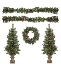 Frosted Verona Berry Pine Artificial Christmas Pre-Lit Entryway 5 Piece Set