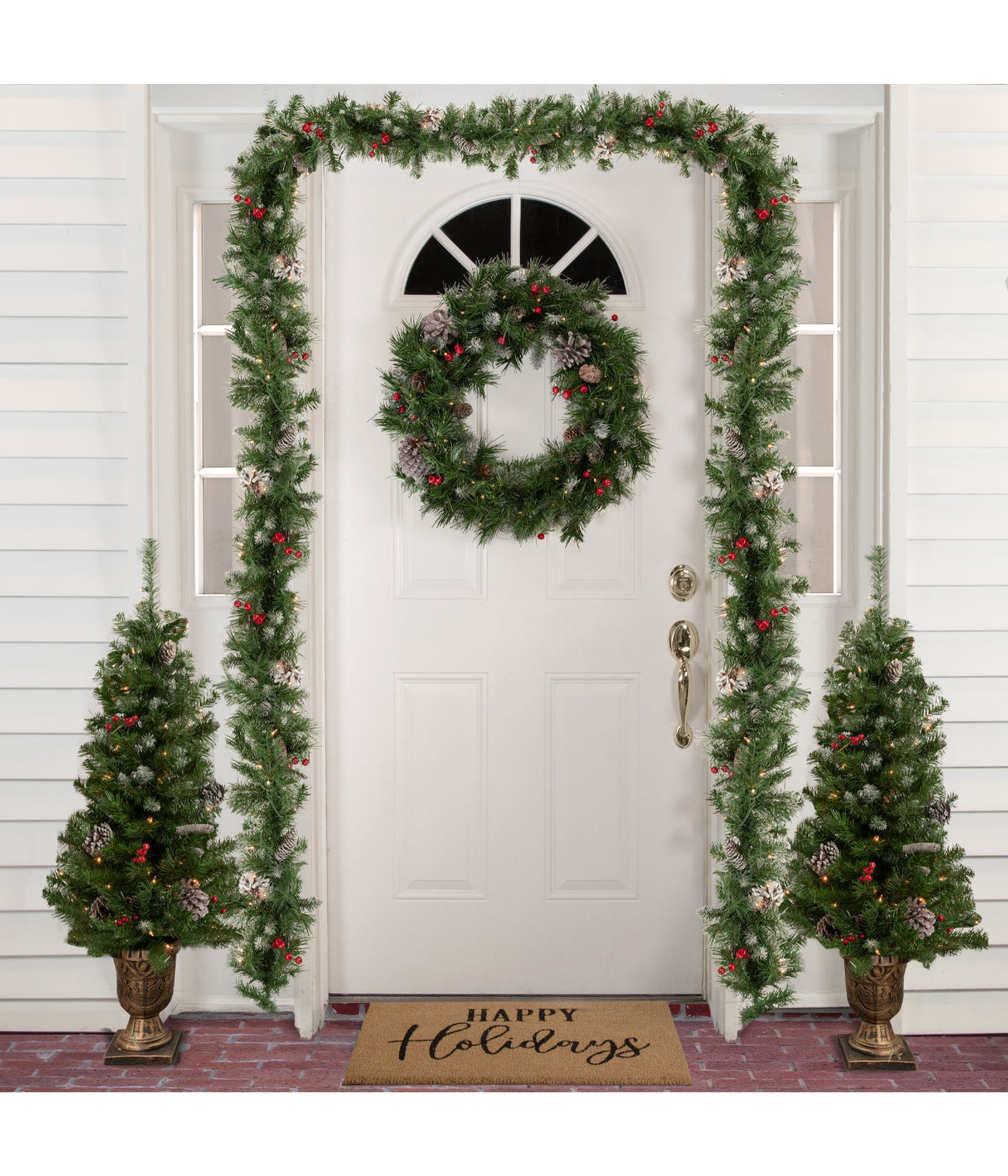  NorthLight Frosted Verona Berry Pine Artificial Christmas Pre-Lit Entryway 5 Piece Set - Green - Bonton