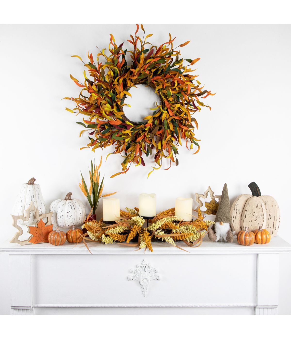  Autumn Harvest Triple Candle Holder with Artificial Fall Foliage Orange - Orange - Bonton