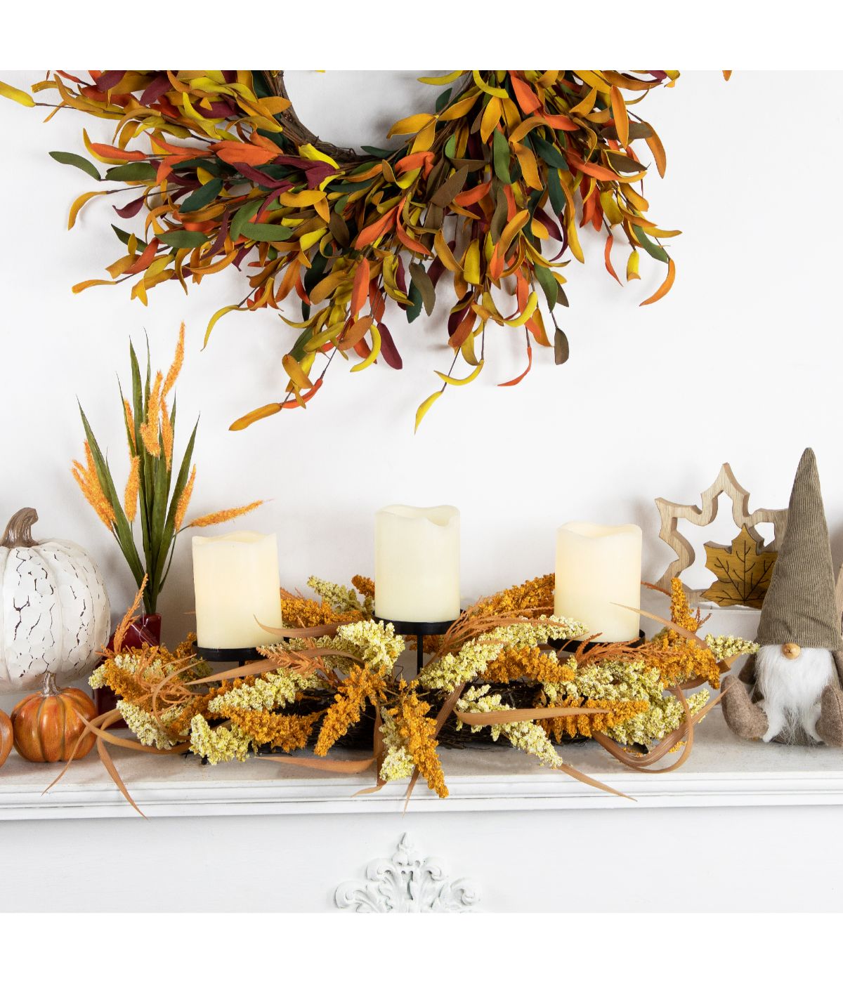  Autumn Harvest Triple Candle Holder with Artificial Fall Foliage Orange - Orange - Bonton