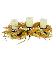 Autumn Harvest Triple Candle Holder with Artificial Fall Foliage Orange