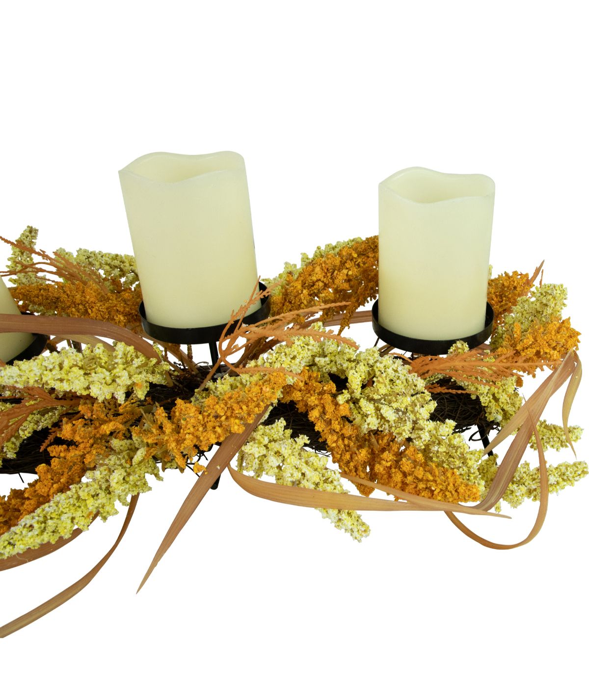  Autumn Harvest Triple Candle Holder with Artificial Fall Foliage Orange - Orange - Bonton