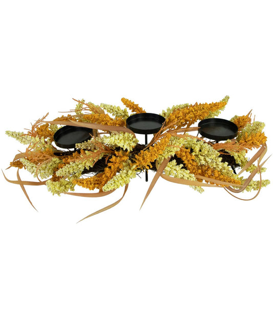 Autumn Harvest Triple Candle Holder with Artificial Fall Foliage Orange