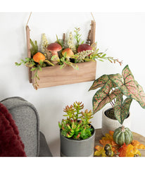 Mushroom and Foliage Wooden Fall Harvest Hanging Basket Orange