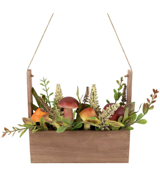 Mushroom and Foliage Wooden Fall Harvest Hanging Basket Orange