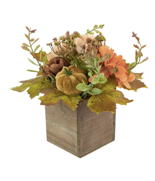 Orange Floral and Pumpkin Wooden Box Fall Harvest Tabletop Decoration Orange