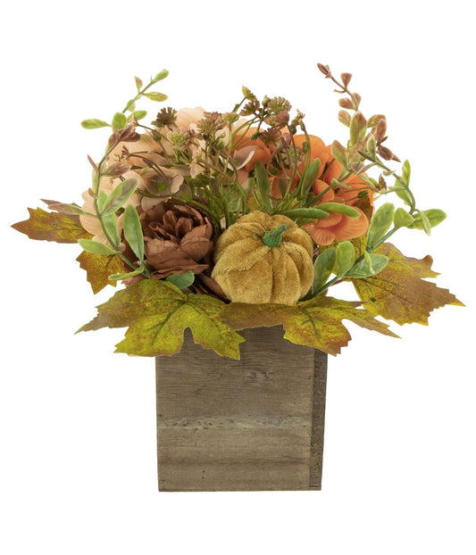 Orange Floral and Pumpkin Wooden Box Fall Harvest Tabletop Decoration Orange