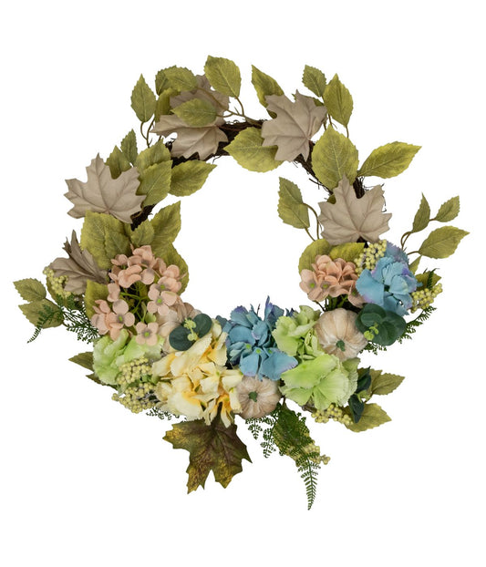 Green and Blue Floral and Gourds Thanksgiving Artificial Wreath Green