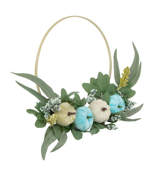 Blue Pumpkins and Foliage Thanksgiving Artificial Half Wreath Blue