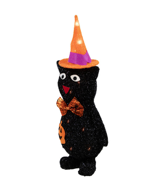 Lighted Black Cat in Witch's Hat Halloween Yard Decoration