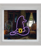 Lighted Neon Style Witch Hat Halloween Window Silhouette