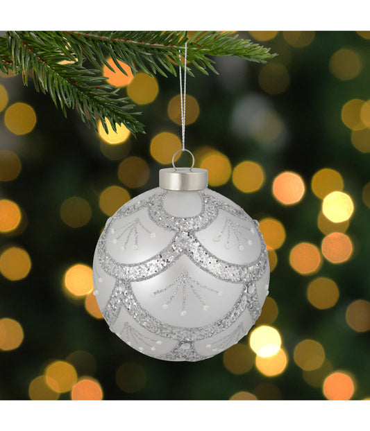 Glittered Cosmoid Silver Glass Christmas Ball Ornament 4"