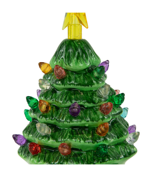 Green Battery-Operated LED Retro Ceramic Christmas Tree Ornament, 5"