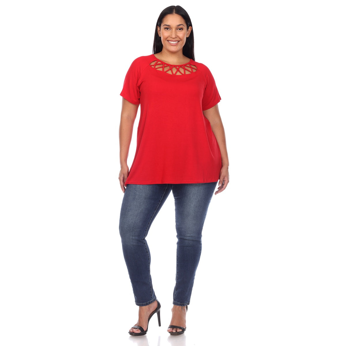  White Mark Plus Size Crisscross Cutout Short Sleeve Top - 1X - Bonton