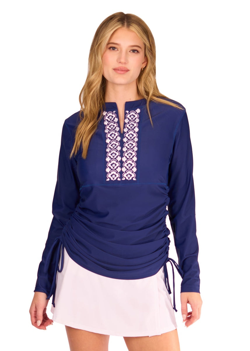  Cabana Life Navy Embroidered Convertible Ruched Rashguard - XS - Bonton