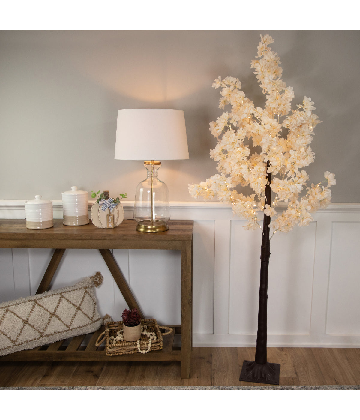  White Floral Artificial Tree with LED Warm White Lights, 6' - White - Bonton