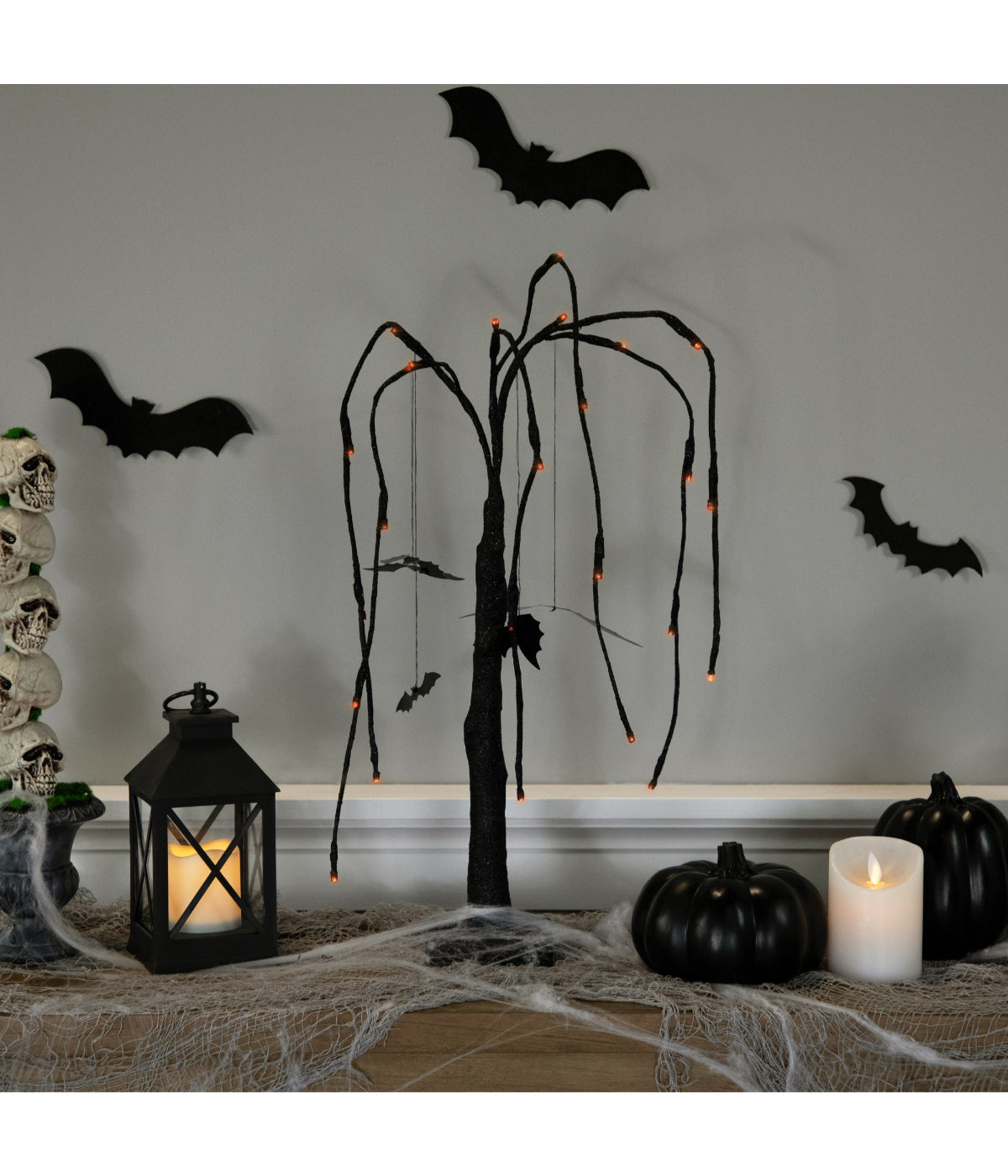 Lighted Black Glittered Halloween Willow Tree with Bats